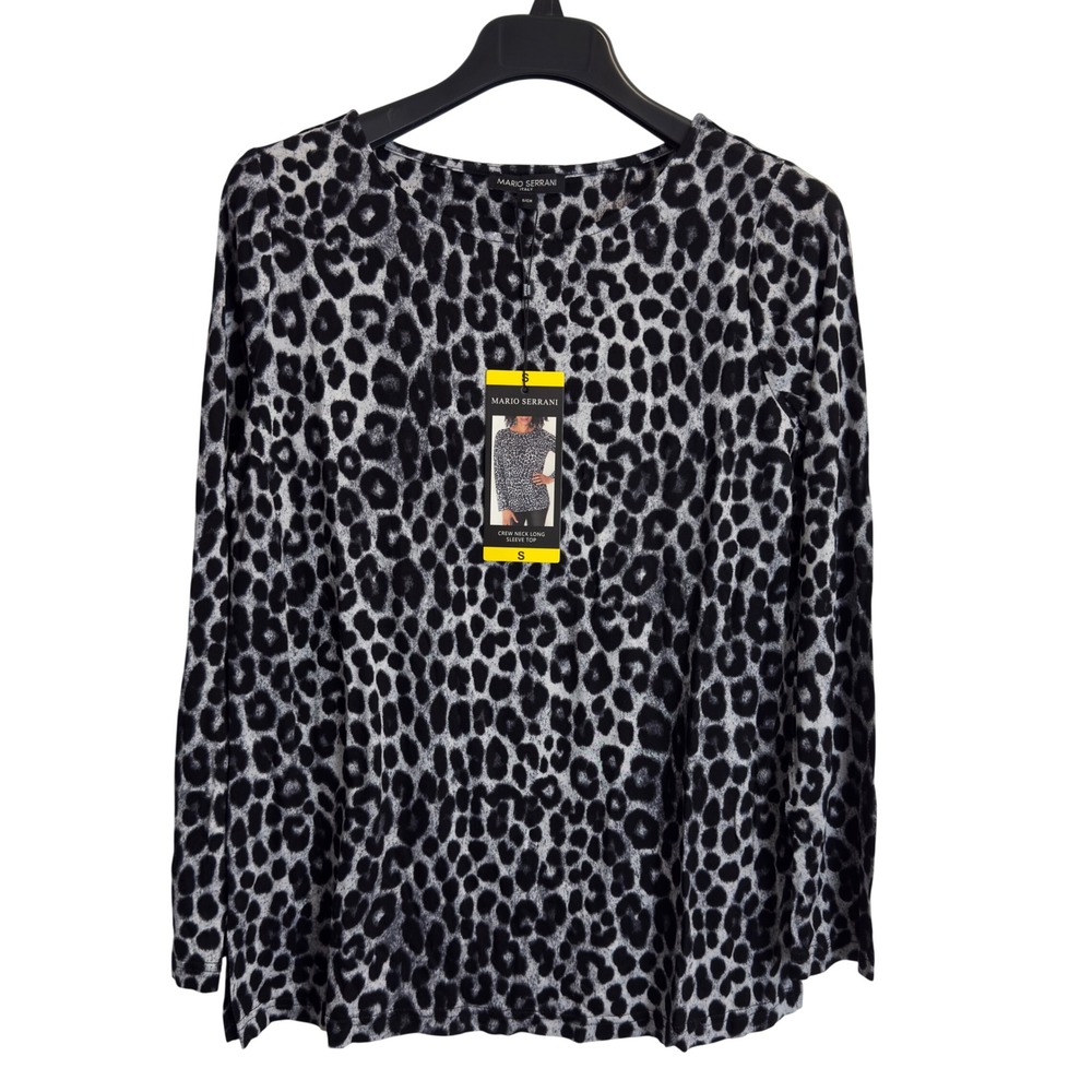 NEW Mario Serrani Italy Womens S Leopard Print Long Sleeve Crew Neck Top Black